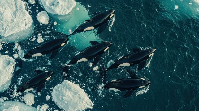 A pod of orcas swimming together in icy Arctic waters