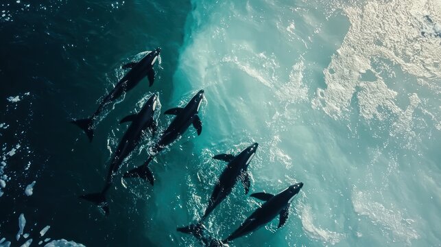 A pod of orcas swimming together in icy Arctic waters - Powered by Adobe