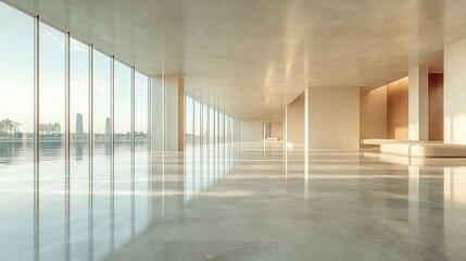 Naklejka premium Modern Empty Interior, City View, Minimalist Architecture, Empty Hallway, Commercial Space