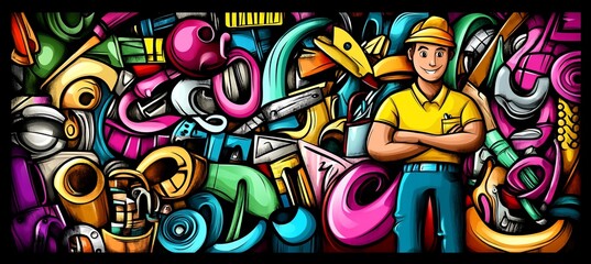 Colorful doodle illustration of a happy handyman surrounded by various tools and construction equipment.