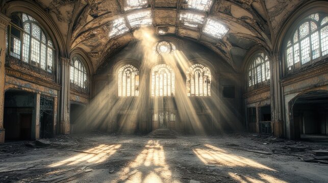 Beams of sunlight streaming into an abandoned building through broken windows, creating a melancholic yet beautiful scene.