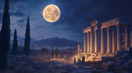 Fototapeta premium Night scene, ancient ruins, full moon, mountains, travel poster