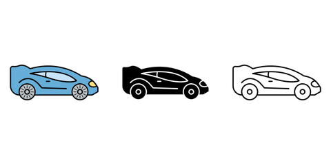sports car icon with three variation outline , color and black 