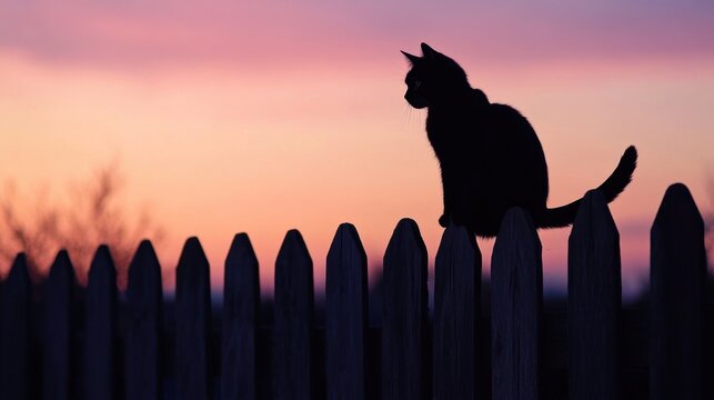Black cat sits poised on a wooden fence at dusk, the fading light behind it creating an enigmatic silhouette and tranquil vibe