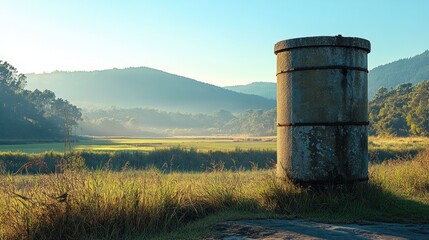 Obraz premium Rustic concrete water tank in misty mountain valley