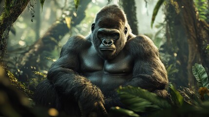 Naklejka premium A powerful silverback gorilla sitting in the jungle with a serious gaze