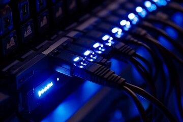 Close-up of illuminated network cables connected to a server.