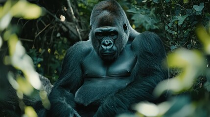 Obraz premium A powerful silverback gorilla sitting in the jungle with a serious gaze