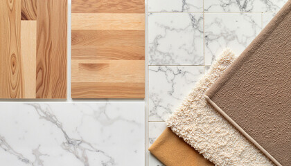 Elegant flooring samples showcasing wood, marble, and carpet textures, modern design