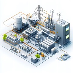 A high-tech industrial facility featuring machinery, power generators, and advanced technologies in a modern layout.