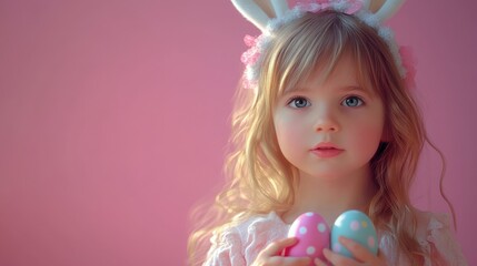Fototapeta premium portrait of a cute little girl with Easter bunny ears on her head holding Easter eggs. studio, pink background