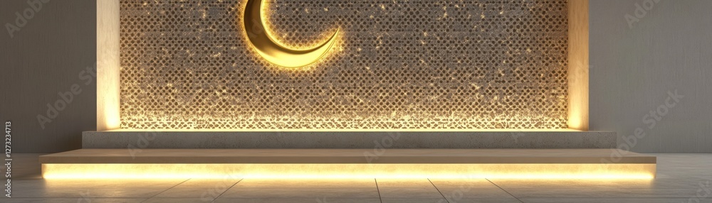 Poster Illuminated golden crescent moon adorns intricate patterned background stage