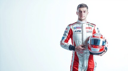 A race car driver in a racing suit with sponsor logos, holding a helmet, posed on a white background.