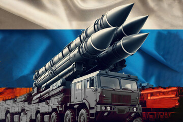 Large military missile launcher with multiple rockets is positioned in front of a Russian flag, symbolizing defense, warfare, and national military power.