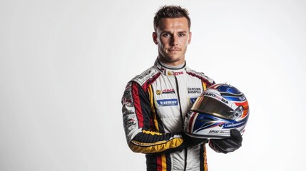 Obraz premium A race car driver in a racing suit with sponsor logos, holding a helmet, posed on a white background.