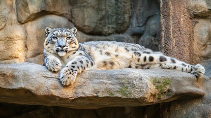 A rare snow leopard resting on a rocky mountain ledge