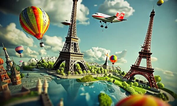 Paris travel, aerial view, hot air balloons, Eiffel Tower, global journey, tourism poster