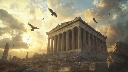 Obraz premium Sunset over Parthenon, Athens, Greece; ancient ruins, birds