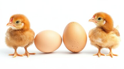 Easter chickens and fresh egg, chicken or the egg. Isolated on white background