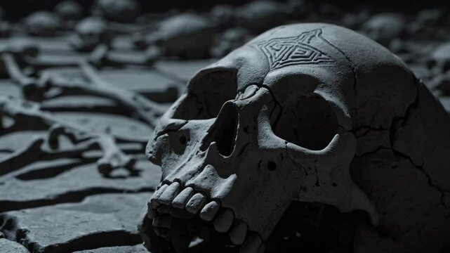 Low-angle video frame of a dimly lit stone room with scattered skeletons, highlighting eerie shadows and a focused beam of light from above.