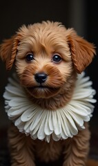 A cute puppy wearing a floral collar, radiating charm and playfulness. Perfect for pet-related marketing, social media, and greeting cards.