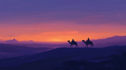 Fototapeta premium Camel Riders at Dusk: A Scenic Journey Through the Desert Silhouette