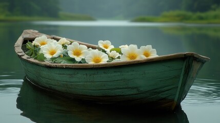 Obraz premium Serene boat adorned with blooming flowers on a tranquil lake at dawn