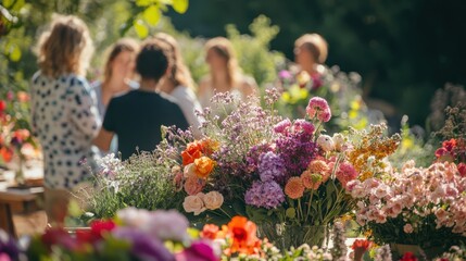 A Beautiful Gathering of Friends Surrounded by Colorful Flowers in a Garden Setting