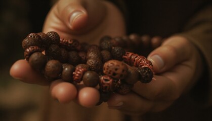 A close-up of hands gently cradling sacred rudraksha prayer beads, symbolizing spirituality, meditation, and devotion in Hindu traditions for Maha Shivaratri.