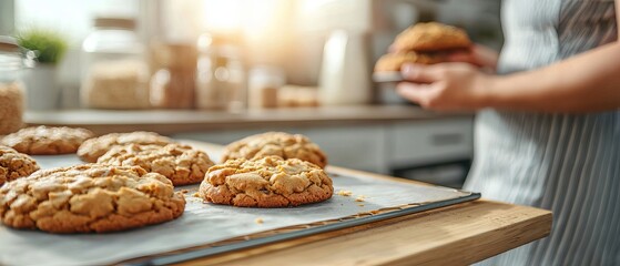 Golden Brown Homemade Cookies Cooling on a Baking Tray in a Cozy Kitchen