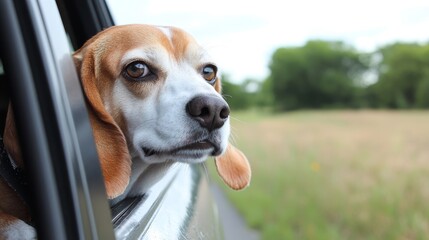 Beagle Dog Peeking Out of Car Window Enjoying a Scenic Drive in Nature