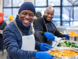 Happy volunteers preparing nutritious meals for the community in a kitchen.