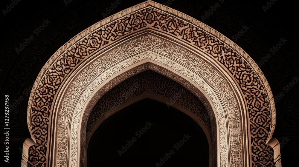 Poster ornate archway with intricate carvings and calligraphy