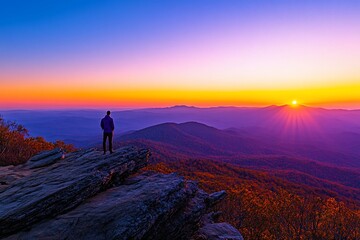 Fototapeta premium Man silhouetted against vibrant sunset over mountain range.