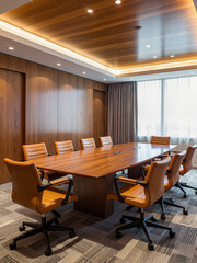 Modern luxury conference room setup with polished wooden table, corporate elegance