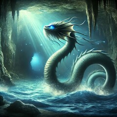 A mythical sea serpent weaving through underwater caves evoking