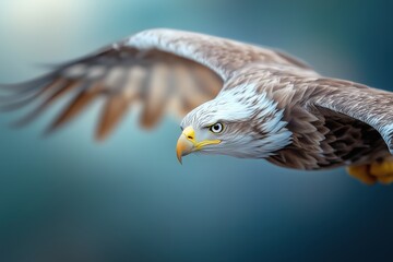 Obraz premium Bald eagle flying with intense gaze and detailed feathers. strength, wildlife