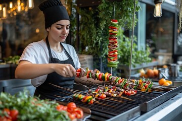Obraz premium Female chef preparing grilled skewers with vegetables and meat at an outdoor food stall.