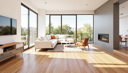 Fototapeta premium Modern open-concept living room with natural light, stylish design