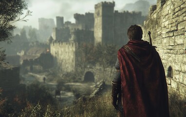 A game character in armor standing in front of the castle in a medieval RPG video game environment.
