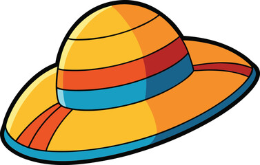 Summer beach hat vector illustration, straw sun hat, holiday fashion accessory, tropical vacation, trendy headwear, seaside style, summer outfit, travel icon.