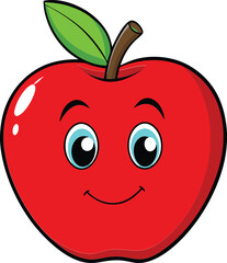 Red apple with cartoon face vector illustration, cute fruit character, smiling apple, happy emoji, fresh food icon, healthy snack, fun kids design, kawaii style.
