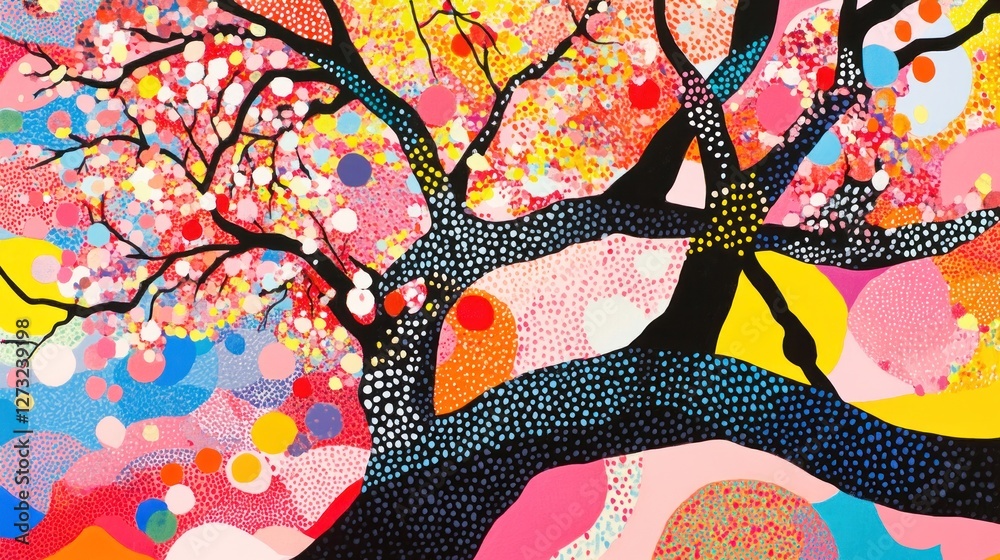 Poster abstract painting shows a blooming tree with various colorful shapes
