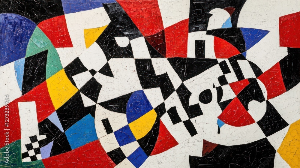 Poster an abstract painting with geometric shapes and primary colors