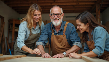 Happy 65 year old caucasian man in working clothes. Younger women around him, helping him with his woodwork.