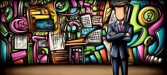 Obraz premium Businessman standing before a colorful, doodle-style business-themed wall mural.