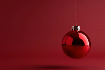 Red Christmas ornament hanging against a deep red background for festive decoration during holiday...