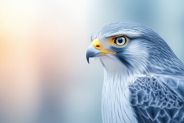 Fototapeta premium Detailed profile of a peregrine falcon with sharp beak and feathers on blurred background. Precision, strength, and wildlife photography.