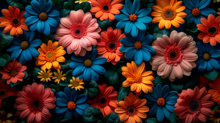 A vibrant floral arrangement featuring multicolored daisies in shades of blue, pink, orange, and yellow, set against lush green leaves.