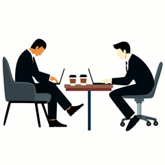 Businessman working on laptop vector illustration. Office Worker, Busy Business Man Working on Laptop Sitting at Table Workplace Thinking of Task. Working place at the table with a laptop. employees.